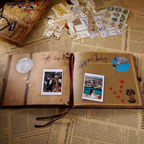 Vista 7 de JIMBON Nuestro álbum de fotos de libro de aventuras, estilo retro, tapa de letras en relieve, diario de viaje, kit de libro de recortes