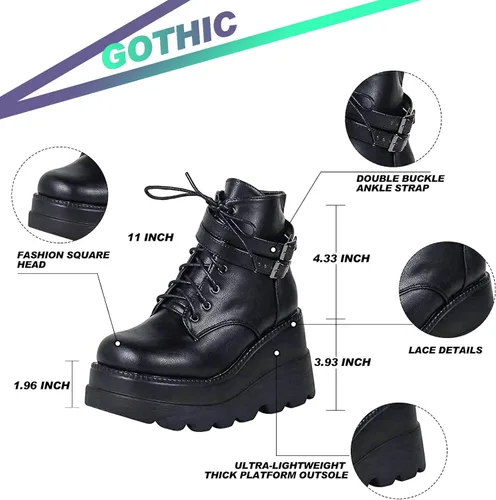 Vista 5 de UOQAPRE Botas de combate de tacón alto para mujer, con puntera cuadrada, con cordones, botines de plataforma gruesa con plataforma gruesa