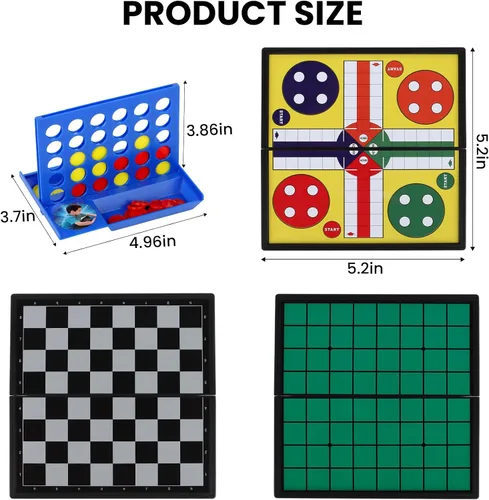 Vista 2 de Juego de mini juegos de viaje 5 en 1 con 4 tableros de ajedrez plegables y 5 juegos de piezas de ajedrez, damas magnéticas, ajedrez, ludo, reversi