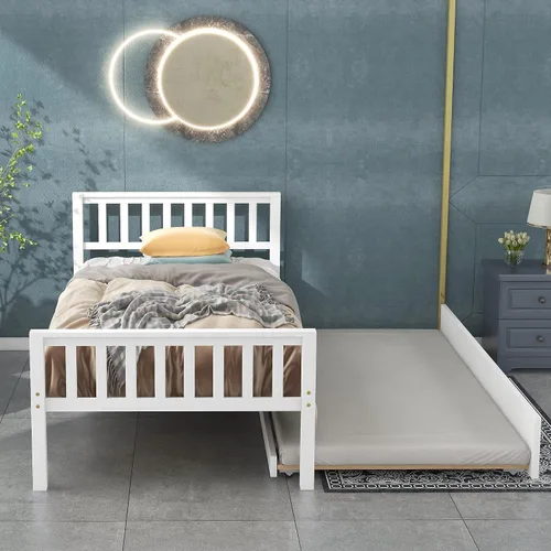 Vista 11 de Cama individual con nido, marco de cama de plataforma de madera con cabecera y estribo para dormitorio, espacio de vida pequeño, no necesita somier