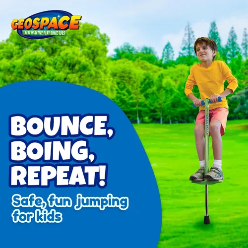 Vista 2 de Geospace Jumparoo BOING! JR. Steel POGO STICK by Air Kicks, pequeño para niños de 50 a 90 libras, diversión activa al aire libre que promueve
