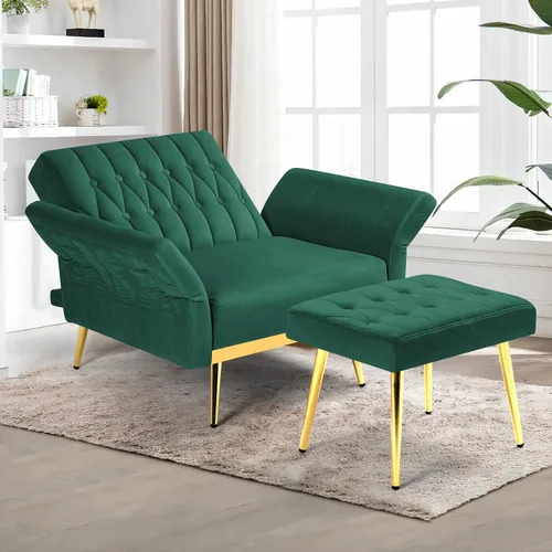 Vista 2 de Silla decorativa de terciopelo con respaldo y reposabrazos ajustables, color verde