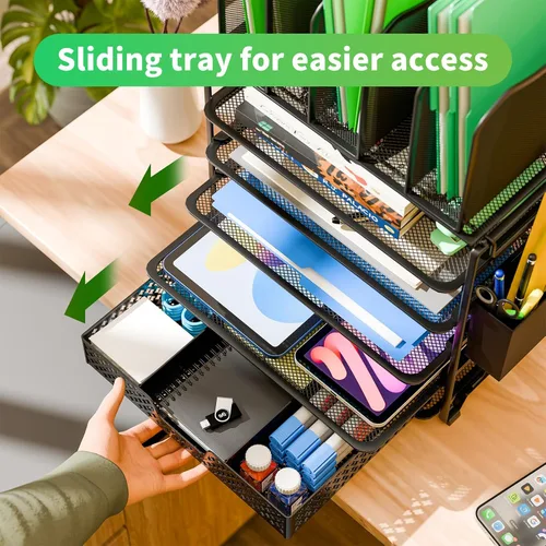Vista 3 de Simple Trending – Organizador de archivos de escritorio de malla metálica de 5 niveles, bandejas para papel tamaño carta con cajón deslizante