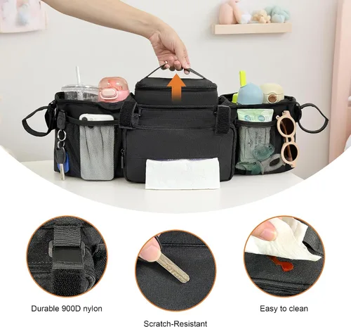 Vista 5 de Organizador de cochecito doble para Bob Duallie y Baby Jogger City Mini GT2, carrito doble para cochecito con 2 bolsillos aislados y bolsa