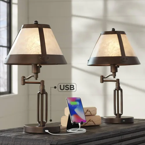Vista 7 de Juego de 2 lámparas de mesa marrón bronce de 21 1/4 pulgadas con brazo oscilante con puerto de carga USB Mica Shade Rústico Industrial Dormitorio