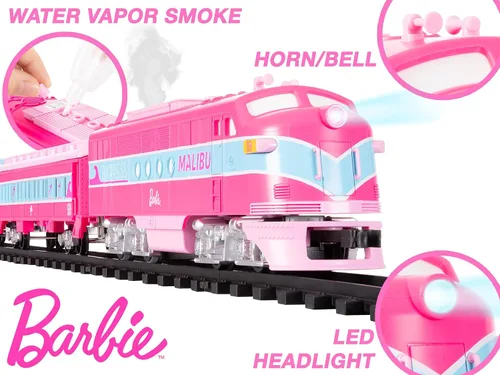 Vista 4 de Lionel Mattel Barbie - Juego de tren de juguete con control remoto, locomotora, vagones de tren y pista con sonidos auténticos de tren, luces