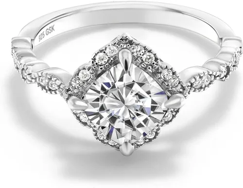 Vista 50 de Gem Stone King Anillo de compromiso solitario de moissanita blanca con piedra natal de corte cojín de 0.276 in para mujer, plata de ley 925