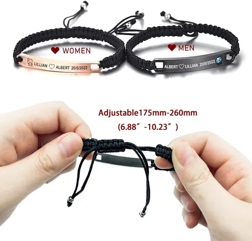 Vista 2 de YATEDIY Pulsera personalizada para parejas para mujeres y hombres, pulseras con nombre personalizado grabadas con palabras de promesa, pulseras