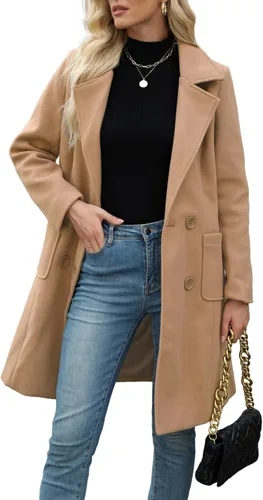 Vista 17 de Bankeng Chaqueta de solapa de doble botonadura con muesca para mujer, mezcla de lana de camello Verde Armada (ArmyGreen)