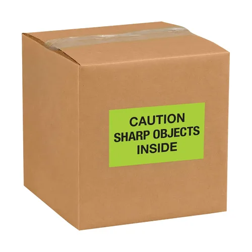 Vista 2 de Tape Logic Aviditi Tape Logic - Calcomanía de advertencia verde fluorescente con texto en inglés "Caution Sharp Objects Inside", para envío