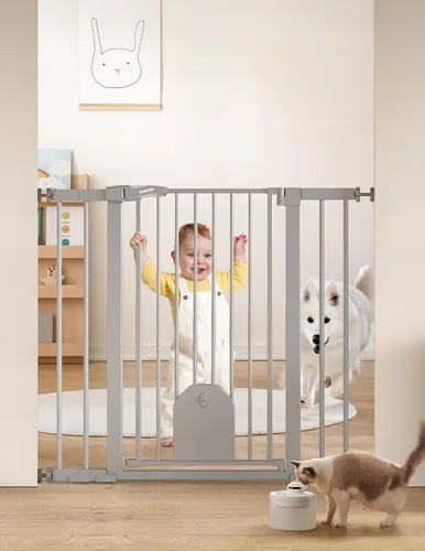 Vista 11 de Babelio - Puerta de seguridad con cierre automático para bebés con puerta para gatos, puerta de metal de 73-109 cm para puertas, escaleras, casa