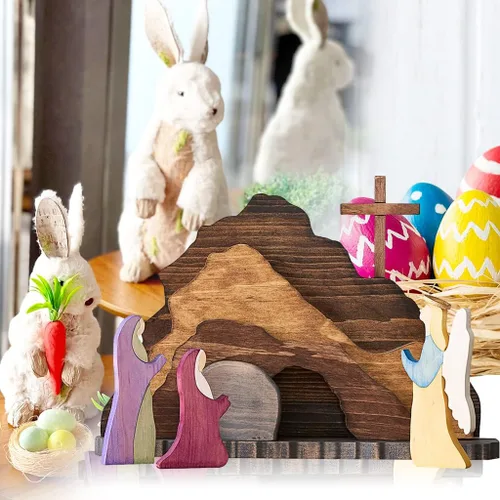 Vista 2 de IoF Adorno de escena de resurrección de Pascua, decoración de Pascua religiosa de madera, figuras de tumba vacía cristiana de madera, juego
