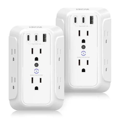 Vista 8 de Cargador de pared, protector de sobretensiones, extensor de 6 tomas de corriente con 3 puertos de carga USB (1 USB C, 3.4 A), regleta