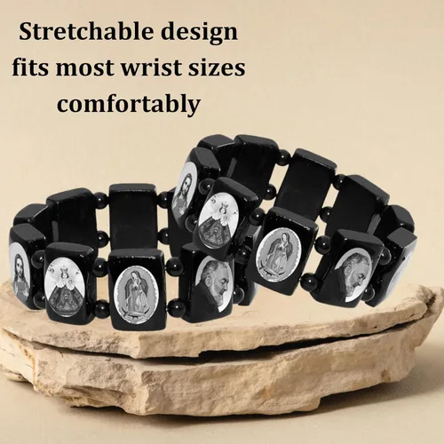 Vista 5 de Catholica Shop Pulseras elásticas de madera religiosas católicas devocionales. Paneles pequeños y grandes con imágenes surtidas de santos, Jesús