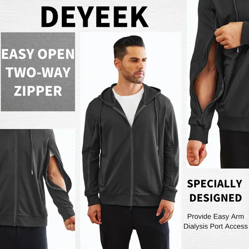 Vista 2 de Deyeek Sudaderas de diálisis con cremallera en el brazo, sudaderas con capucha y cremallera completa, chaqueta ligera de algodón de hemodiálisis