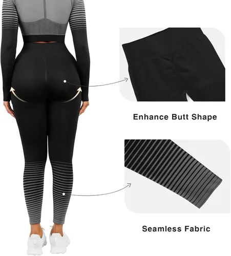 Vista 4 de FeelinGirl Conjuntos de entrenamiento para mujer, 2 piezas, manga larga, trajes de yoga, gimnasio, sin costuras, acanalados, cintura alta, leggings