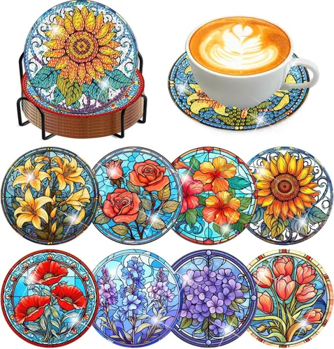 Vista 37 de Meothan Juego de 8 posavasos de arte de diamante para adultos con soporte, almohadillas de corcho, posavasos de arte de puntos de diamante de vidrio