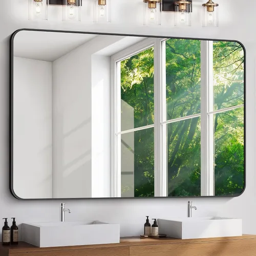Vista 18 de FORBATH - Espejo de baño negro para sobre lavabo, espejo de pared de 16x24 pulgadas con marco de metal, esquinas redondeadas para baño, dormitorio
