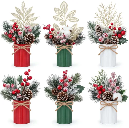Vista 10 de Tioncy 6 Set Christmas Floral Table Centerpiece Bulk Bark Frosted Woodland Artificial Holly Red Berry Pine Cone Greenery Stems Picks Arrangement