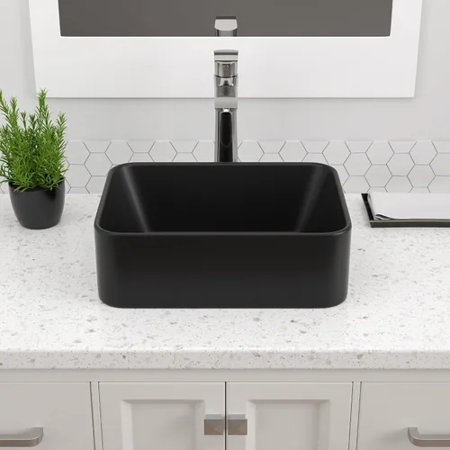 Vista 6 de Dcolora Lavabo de Recipiente Negro Rectangular de 40,6 x 30,5 cm Negro Mate Lavabo de Baño Rectangular sobre Encimera Cerámica Porcelana Lavadero
