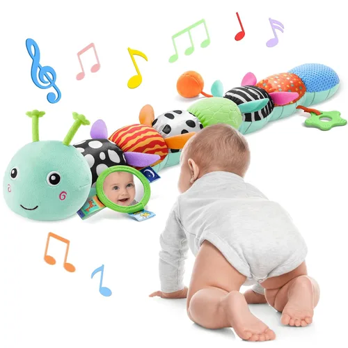 Vista 12 de Awotoy Baby Toys - Juguete musical de oruga interactivo multicolor para bebés, sonajero arrugado, suave con campana de anillo, juguete de peluche