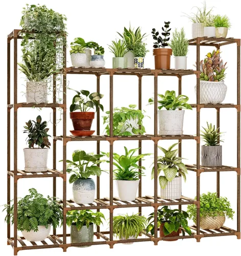 Vista 8 de Bamworld - Soporte para plantas con ruedas de madera para interior y exterior, estante para múltiples plantas con 11 macetas, soporte alto y grande