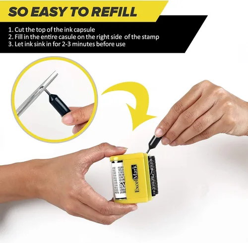 Vista 3 de ExcelMark Sello de protección contra robo de identidad rodante con juego de tinta de repuesto, 3 botellas de tinta de recambio