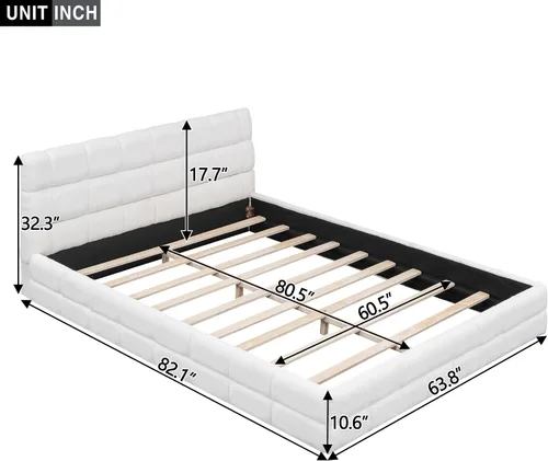 Vista 2 de Moderna cama tapizada de tamaño Queen, forro polar bereber grueso, base de colchón tapizada con cabecera copetuda y soporte de listones de madera