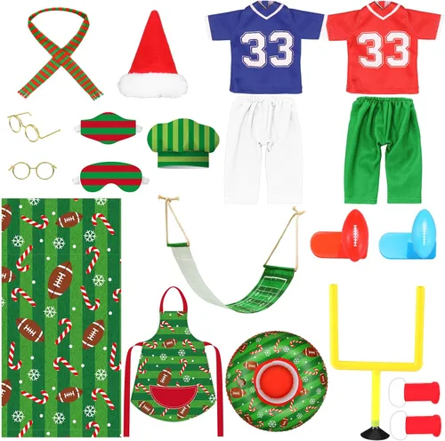 Vista 7 de 1 juego de accesorios de muñeca de Navidad 2025, incluye delantal, sombrero de chef, hamaca, columpio, saco de dormir, bata de baño, suéter