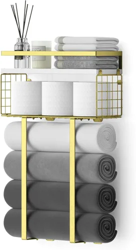 Vista 9 de Xstydes Toalleros para baño, toallero de metal con cesta de almacenamiento, toallero de pared para toallas enrolladas, almacenamiento de toallas