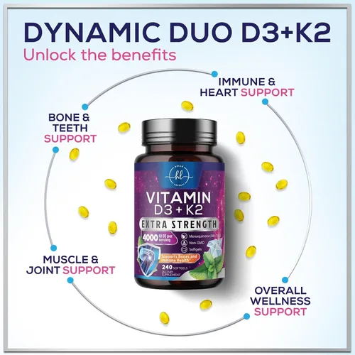 Vista 5 de Suplemento de vitamina D con K2 (MK-7) 4000IU - Vitamina D3, suplemento natural del complejo D3K2 para huesos, dientes, músculos, absorción