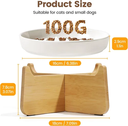 Vista 4 de PETTOM Alimentador lento Cat Bowl de cerámica elevada con soporte de bambú espina de pescado
