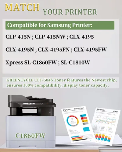 Vista 2 de GREENCYCLE 504S CLT-504S - Juego de 4 cartuchos de tóner K/C/M/Y compatibles con Samsung CLT-504S CLT504S CLT-K504S para Xpress C1860FW C1810W Cian