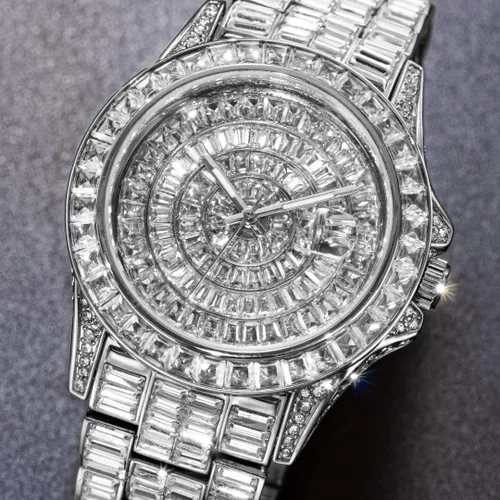 Vista 2 de PLADEN Men 42mm Ice Diamond Inlaid Simulated Lab Diamond Fashion Crystal Watch Luxury Gold Silver Quartz Watch Hip Hop Rap Wrist Watch