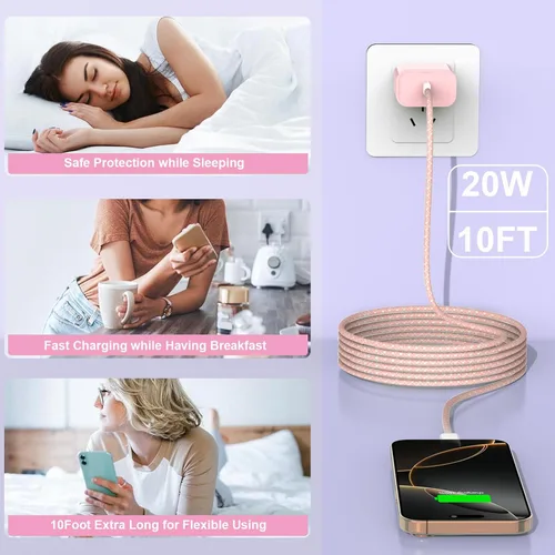 Vista 2 de Cargador de carga rápida para iPhone 18 17 16 Pro Max de 10 pies Rosa