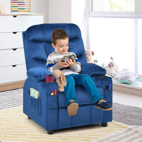 Vista 2 de Costzon Silla reclinable para niños con soporte para tazas, silla de salón de terciopelo ajustable con reposapiés y bolsillos laterales