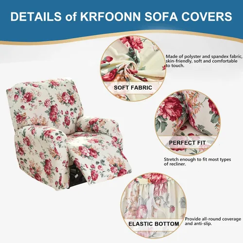 Vista 4 de KRFOONN Fundas elásticas para sillón reclinable con estampado, fundas para sillas reclinables de 4 piezas, fundas para sillón reclinable Lazy Boy