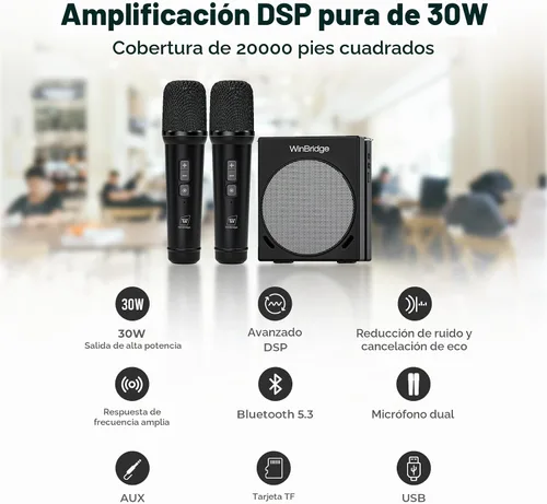 Vista 2 de WinBridge 30W Amplificador de voz con 2 micrófonos inalámbricos, altavoz PA portátil S90