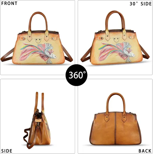 Vista 2 de Bolso de cuero genuino para mujer, pintado a mano, bolso de mano con asa superior, bolso cruzado hecho a mano, bolso de trabajo
