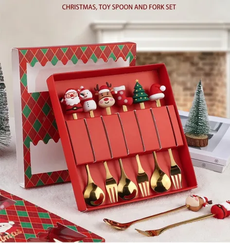 Vista 7 de Cuchara de Navidad de acero inoxidable para árbol de Navidad, cuchara de té para el hogar, cuchara de café de Navidad, tenedores de cena, cuchara