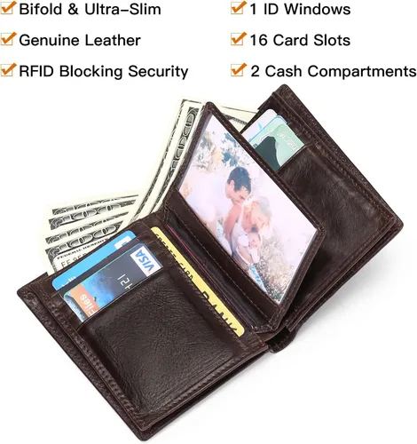 Vista 3 de GOIACII Carteras para hombres de gran capacidad de cuero genuino RFID plegable hombres billeteratitular de la tarjeta de crédito con ventana