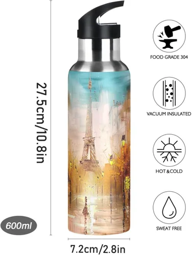 Vista 9 de Stainless Steel Vacuum Insulated Water Bottle 32 Oz, Leakproof Water Bottles for Gym Outdoor Travel School, Painting Street Paris Eiffel