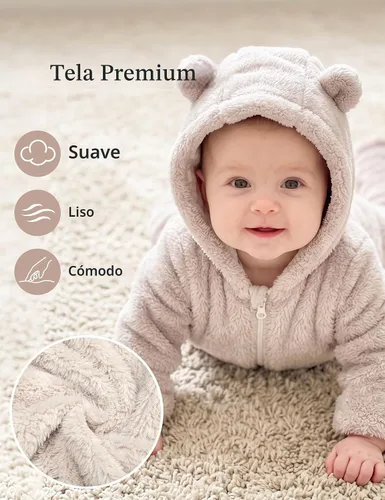 Vista 3 de Traje de nieve para bebé recién nacido con forro polar, mono/pelele con capucha cálido para bebé Beige con pies