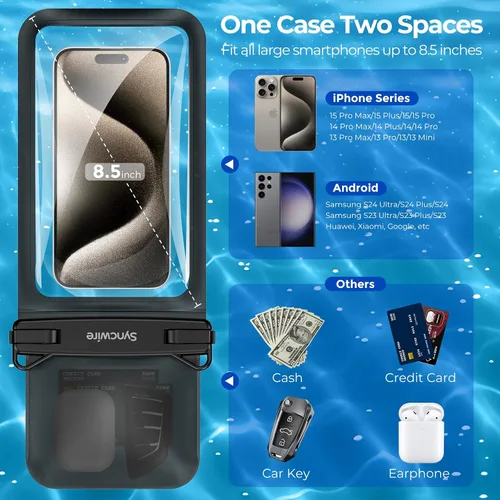 Vista 2 de SYNCWIRE Funda impermeable para teléfono, paquete de 2 bolsas impermeables IPX8 doble espacio para iPhone 15 14 13 12 Pro Max XR X SE 2022 8 Samsung