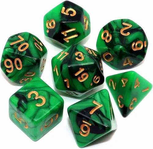 Vista 16 de Juego de dados poliédricos DND con brillo para juegos de rol de mazmorras y dragones (D&D) RPG, dados verdes mezclados con nebulosa negra