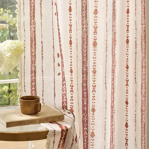 Vista 16 de Juego de 2 paneles de cortinas de lino bohemio, cortinas de semi privacidad para sala de estar, cortinas rústicas de campo de 54 pulgadas de largo