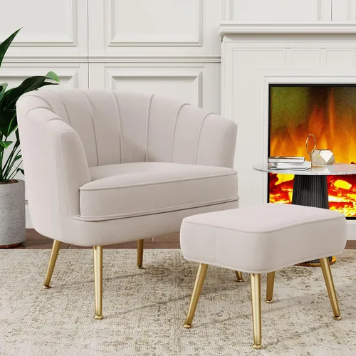 Vista 9 de Andeworld Silla decorativa de terciopelo con otomana, sillón de barril Beige