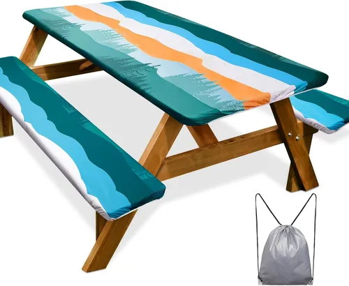 Vista 22 de Funda de mesa de picnic con fundas para bancos Esenciales de camping Mantel de picnic impermeable y a prueba de viento con bolsa de cordón, funda