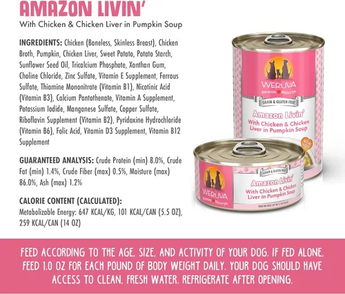 Vista 4 de Alimento para perros Weruva Classic, Amazon Livin' con pechuga de pollo e hígado de pollo en sopa de calabaza, lata de 5.5oz (24 unidades)