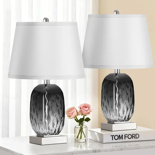 Vista 10 de Juego de 2 lámparas de mesa con control táctil, lámpara de noche de cristal verde azulado costero con puertos USB A+C, lámparas de mesa de noche